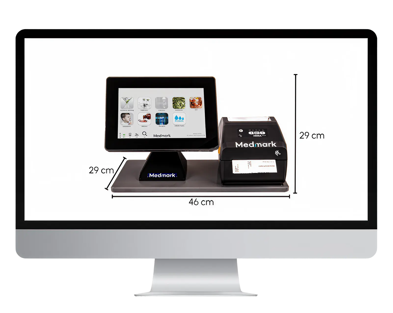 Produktbild av Medmarks digitala etikett- och läkemedelshanteringssystem med angivna mått för enkel placering i vårdmiljö.