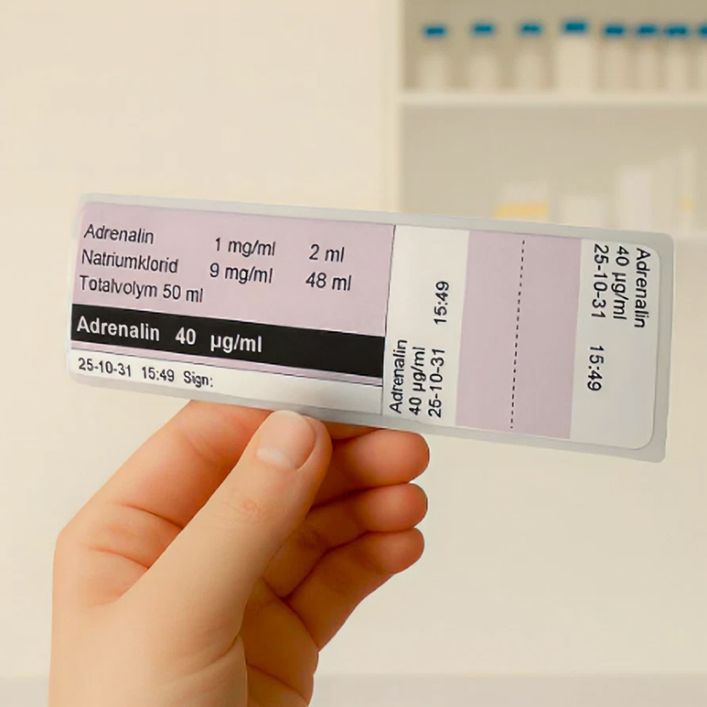 Etiketter för säker läkemedelshantering skrivs ut med digital teknik inom sjukvården för ökad vårdkvalitet.