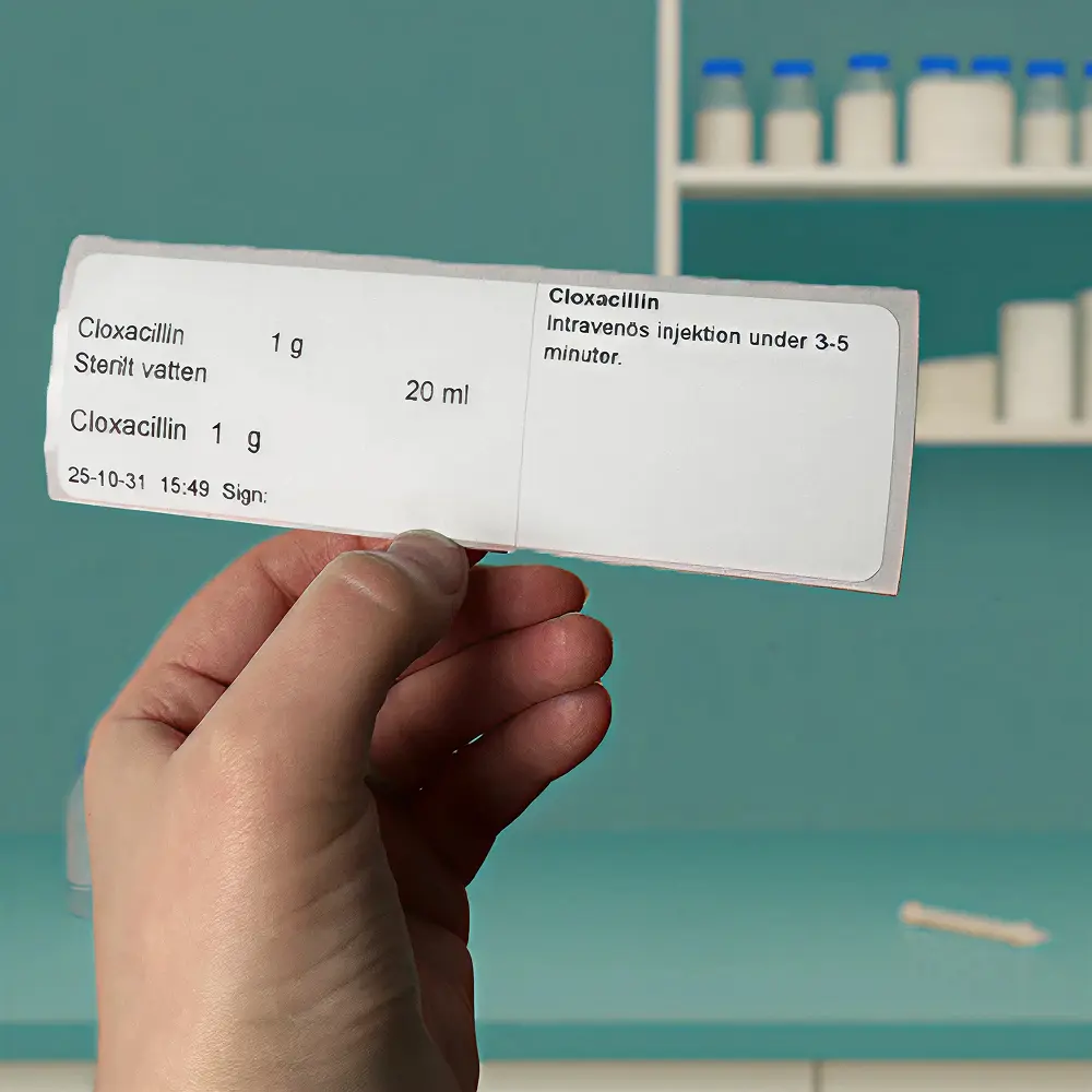 Utskrivna läkemedelsetiketter som en del av digitalisering i vården för effektiv och säker läkemedelshantering.